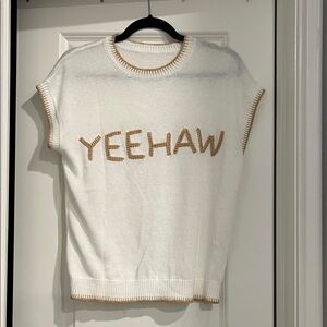 White Knit Sleeveless “YEEHAW” Top with Tan Trim